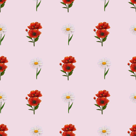 A seamless pattern featuring red flowers and white daisies on a soft pink background. The design is vibrant and cheerful, suitable for textiles or wallpapers.の写真素材