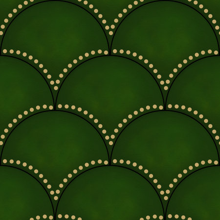 A seamless pattern featuring overlapping green semicircles outlined in black, adorned with small beige dots along the edges, creating a modern and elegant design.の写真素材