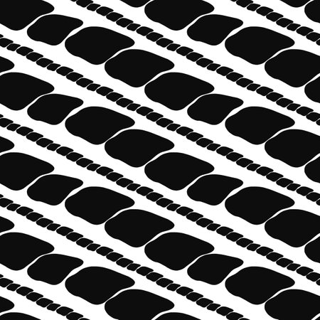 A seamless pattern featuring black abstract shapes resembling leaves or waves, interspersed with thin black lines on a white background. Ideal for textiles or wallpapers.の写真素材