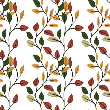 A vector seamless pattern featuring stylized leaves in various colors including red, yellow, green, and brown on a white background. The design has a natural and organic feel, suitable for textiles or wallpapers.のイラスト素材