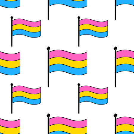 Seamless vector pattern of waving pansexual flags on white background, featuring bold outlines and vibrant pink, yellow, and blue colors.のイラスト素材