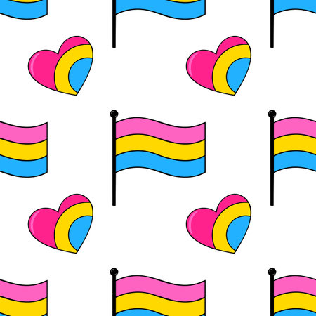Seamless vector pattern featuring vibrant pink, yellow, and blue pansexual flags and hearts, ideal for LGBTQ+ themed designs and celebrations.のイラスト素材