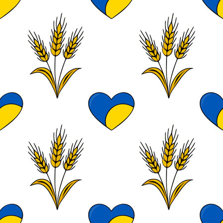 Seamless vector pattern featuring stylized wheat stalks and Ukrainian flag hearts, creating a vibrant and symbolic design ideal for various applications.のイラスト素材