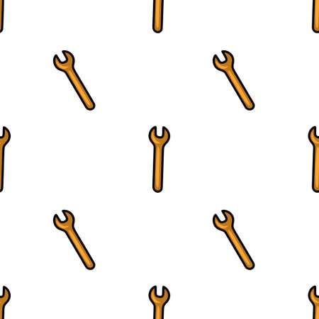 Seamless vector pattern of golden wrenches on white background, simple cartoon style illustration for repair service or DIY projects.のイラスト素材