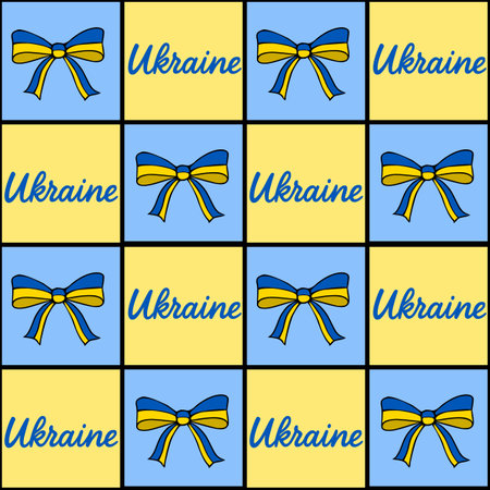 Seamless vector pattern featuring Ukrainian flag-colored bows and Ukraine lettering in a cheerful, repeating design, perfect for festive backgrounds or patriotic projects.のイラスト素材
