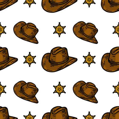 A repeating vector vector pattern featuring cowboy hats and sheriff badges, illustrated in a playful style. The design is suitable for textiles, wallpapers, or themed decorations.のイラスト素材