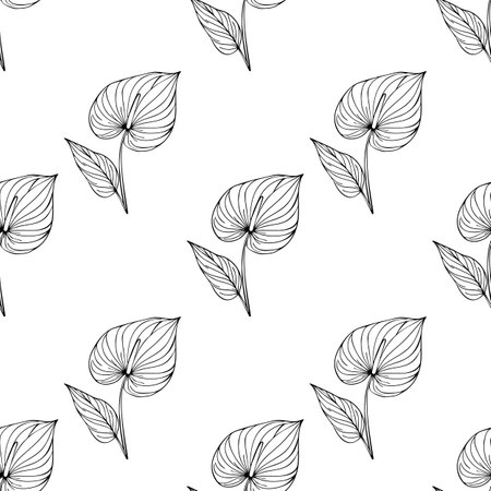 Seamless vector pattern of hand-drawn Anthurium flowers and leaves in a minimalist black line art style, perfect for elegant design projects.のイラスト素材