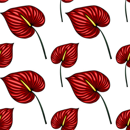 Seamless vector pattern of vibrant red Anthurium flowers with detailed veins and a contrasting yellow spadix, creating a bold and exotic floral design ideal for textile prints, wallpapers, and summ...のイラスト素材