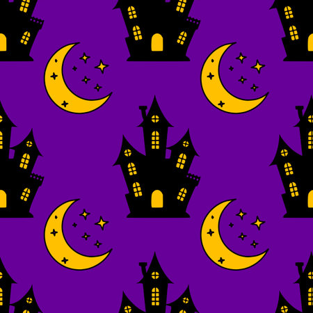 Seamless vector Halloween pattern with cute cartoon haunted houses and crescent moons on a purple background, perfect for spooky festive designs.のイラスト素材