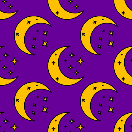 Seamless vector pattern of crescent moons and stars on a purple background, featuring a vibrant yellow and bold black outline for a playful, whimsical design.のイラスト素材