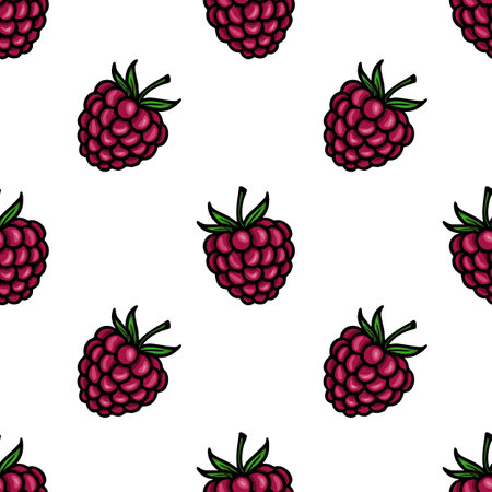 A vector  seamless pattern featuring stylized raspberries with green leaves on a white background....