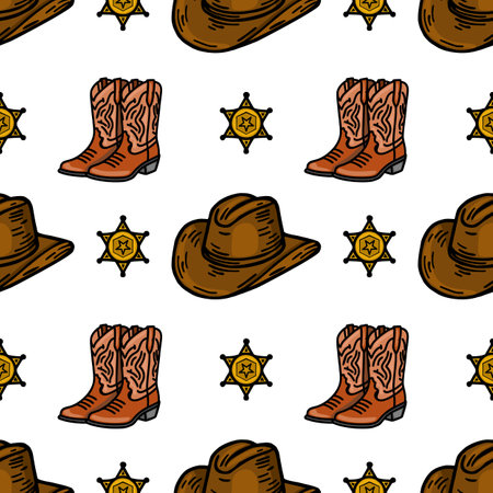 A repeating vector vector pattern featuring cowboy hats, sheriff badges, and cowboy boots. The design is colorful and playful, suitable for western-themed projects.のイラスト素材