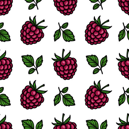 A vector  seamless pattern featuring vibrant raspberries and green leaves on a white background. The design showcases the fruit in various orientations, creating a lively and fresh aesthetic.のイラスト素材
