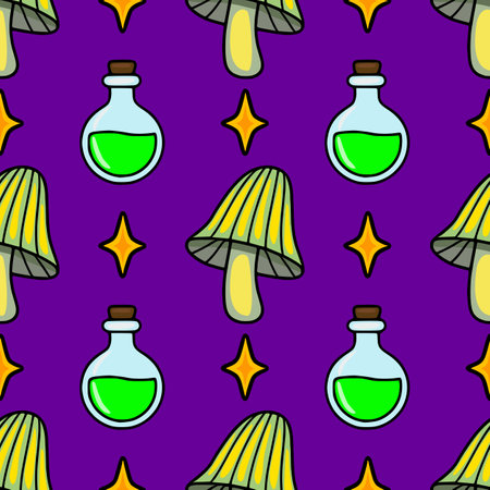 Seamless vector pattern featuring whimsical cartoon mushrooms, glowing stars, and potion bottles on a vibrant purple background, creating a magical and enchanting design ideal for Halloween or fant...のイラスト素材
