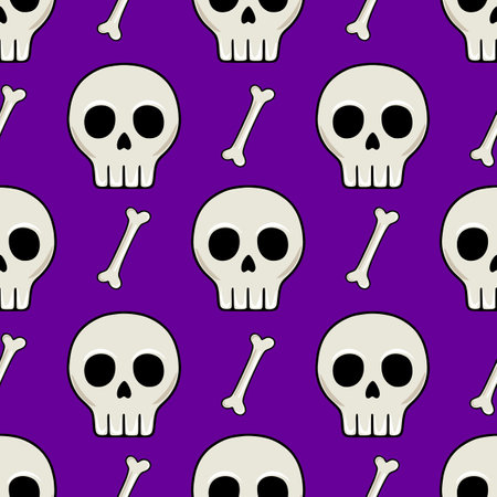 Seamless vector pattern of cartoon skulls and crossbones on a vibrant purple background, ideal for Halloween designs and spooky themed projects.のイラスト素材