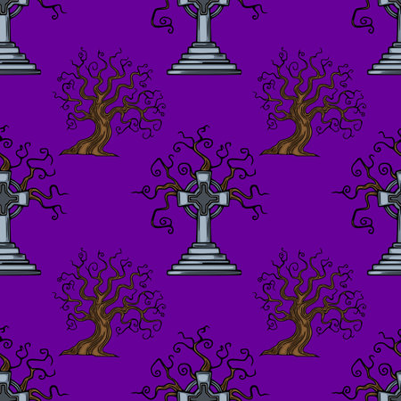 Seamless vector pattern featuring Celtic crosses and gnarled, spooky trees on a deep purple background, ideal for Halloween designs or gothic-themed projects.のイラスト素材