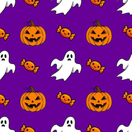 Seamless vector Halloween pattern featuring cheerful jack-o-lanterns, friendly ghosts, and orange candies on a vibrant purple background, perfect for festive designs.のイラスト素材