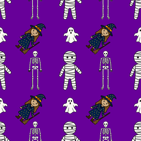 Seamless vector Halloween pattern with cute cartoon mummies, skeletons, witches, and ghosts on a vibrant purple background, perfect for festive designs and spooky celebrations.のイラスト素材