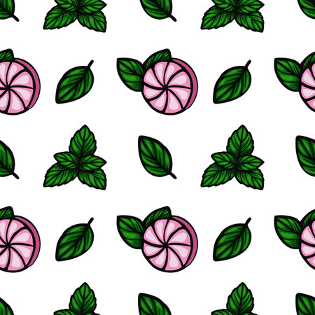 A vector  seamless pattern featuring stylized mint leaves and pink citrus slices on a white background. The design is vibrant and playful, suitable for textiles or stationery.のイラスト素材
