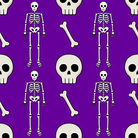 Seamless vector Halloween pattern with cartoon skeletons, skulls, and bones on a vibrant purple background, ideal for festive designs and spooky themed projects.のイラスト素材