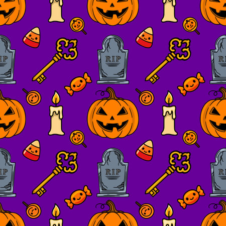 Seamless vector Halloween pattern with cute pumpkins, candy, tombstones, keys, and candles on a vibrant purple background, perfect for festive designs and spooky celebrations.のイラスト素材