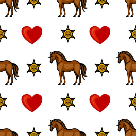 A playful vector vector pattern featuring cartoon-style horses, red hearts, and sheriff stars on a white background. The design is vibrant and whimsical, suitable for childrens products or playful themes.のイラスト素材