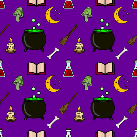 Seamless vector pattern with Halloween witchcraft elements: cauldron, potion, broom, bone, candle, mushroom, open book, and crescent moon on a purple background, designed for festive decorations.のイラスト素材