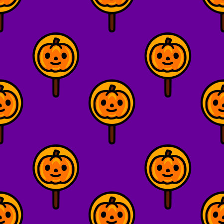 Seamless vector pattern of cute Halloween pumpkin lollipops on a vibrant purple background, perfect for festive designs and spooky celebrations.のイラスト素材