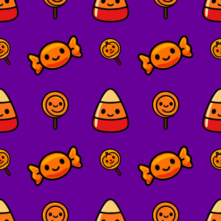 Seamless vector pattern with cute Halloween candy corn, lollipops and wrapped candies on a vibrant purple background, perfect for festive designs.のイラスト素材