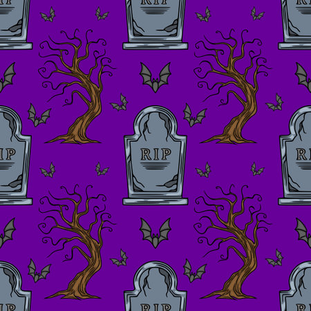Seamless vector Halloween pattern with spooky gravestones, bare trees, and flying bats on a vibrant purple background, perfect for autumnal designs and spooky celebrations.のイラスト素材