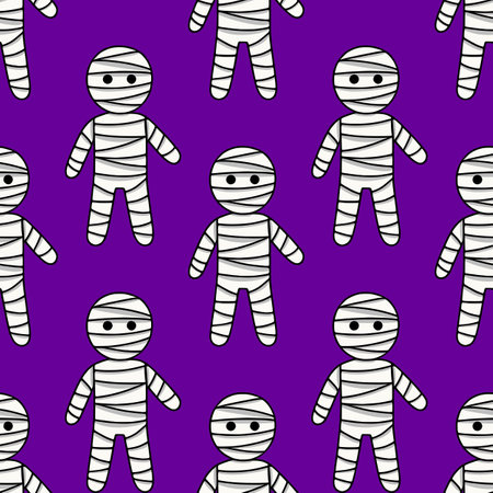 Seamless vector pattern of cute cartoon mummies in bandage costumes on a rich purple background, perfect for Halloween-themed designs.のイラスト素材