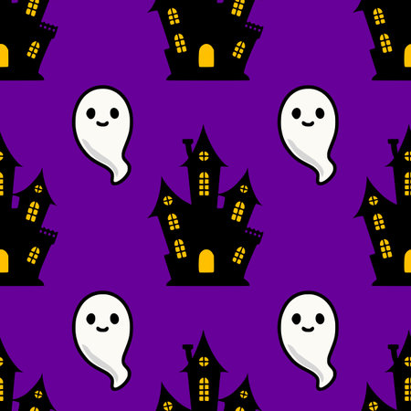 Seamless vector Halloween pattern featuring cute ghosts and whimsical haunted houses on a vibrant purple background, perfect for festive designs.のイラスト素材