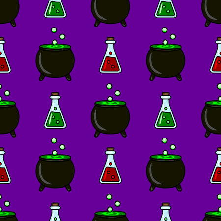 Seamless vector Halloween pattern with cartoon cauldrons, bubbling potions, and conical flasks, featuring vibrant green and red liquids against a deep purple background.のイラスト素材