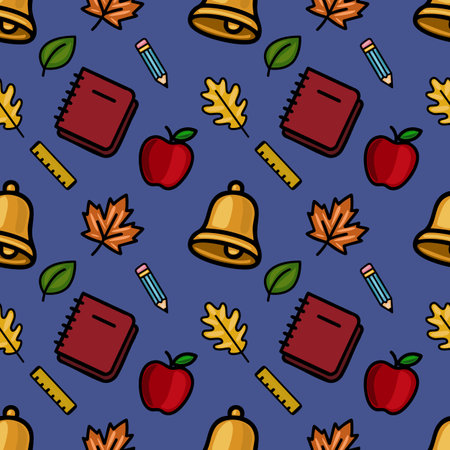 A vibrant vector seamless pattern featuring a playful mix of school supplies, autumn leaves, and a school bell, designed in a bold, outlined style against a deep blue background.のイラスト素材