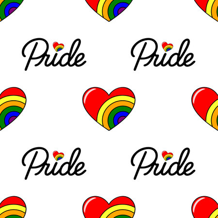 Seamless vector pattern featuring rainbow hearts and Pride lettering, a vibrant design perfect for LGBTQ+ celebrations and apparel.のイラスト素材