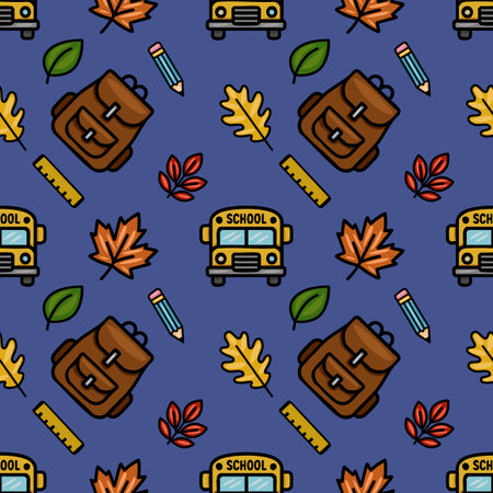 A charming vector seamless pattern featuring a school bus, backpacks, autumn leaves, pencils, and rulers, creating a playful back-to-school design on a deep blue background.のイラスト素材