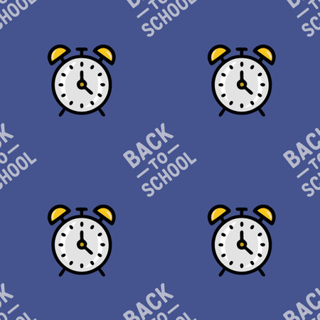 A vibrant vector seamless pattern featuring a cheerful alarm clock and the phrase "Back to School," perfect for educational projects and back-to-school designs.のイラスト素材
