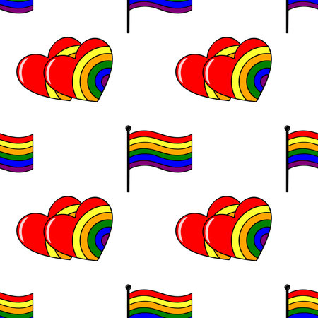 Seamless vector pattern featuring vibrant rainbow hearts and flags, symbolizing LGBTQ+ pride and love, perfect for festive designs.のイラスト素材