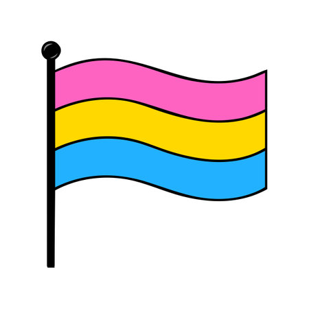Vibrant vector illustration of a waving pansexual pride flag on a pole, featuring bold colors and a cartoonish style.のイラスト素材