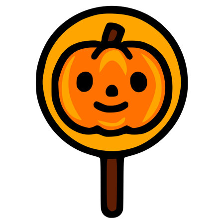 Vector illustration of a cute Halloween pumpkin lollipop on a stick, featuring a simplified design with bold outlines and vibrant orange and black colors.のイラスト素材
