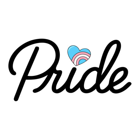 Vector illustration of the word Pride in a stylish script font, featuring a small heart incorporating the transgender pride flag colors.のイラスト素材