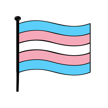 A vector illustration of a transgender pride flag waving on a flagpole, featuring a bold, cartoonish style with distinct black outlines and a simple, yet expressive design.のイラスト素材