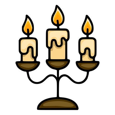 A whimsical vector illustration of a three-candle candelabra with dripping wax, featuring bold outlines and warm color palette, perfect for Halloween or autumn designs.のイラスト素材