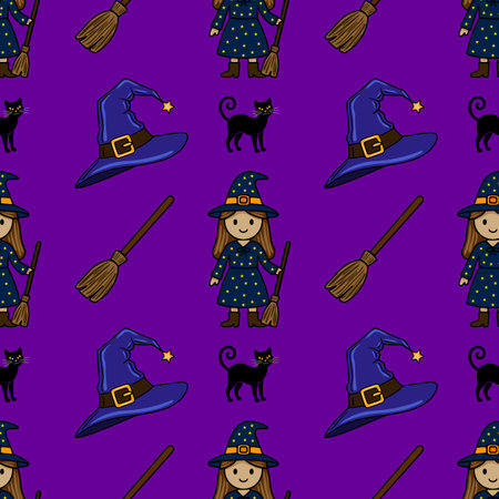 Seamless vector pattern featuring adorable cartoon witches, their brooms, hats, and black cats, set against a vibrant purple background, ideal for Halloween-themed designs.のイラスト素材