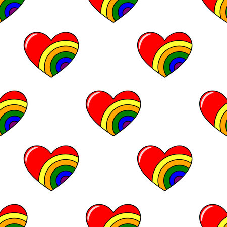 Seamless vector pattern of bright red hearts with embedded rainbow stripes, creating a cheerful and vibrant design ideal for festive backgrounds or LGBTQ+ themed projects.のイラスト素材