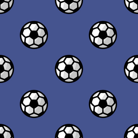 A vector seamless pattern featuring stylized soccer balls with subtle shading on a deep blue background, ideal for sports-themed designs and textile prints.のイラスト素材