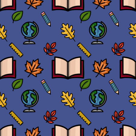 This vector seamless pattern features a playful back-to-school design with colorful books, pencils, globes, rulers, and autumn leaves on a deep blue background, creating a cheerful and educational.のイラスト素材