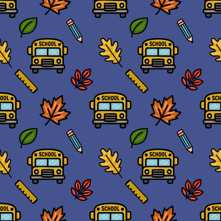 Vector seamless pattern featuring a cheerful back-to-school design with yellow school buses, autumn...