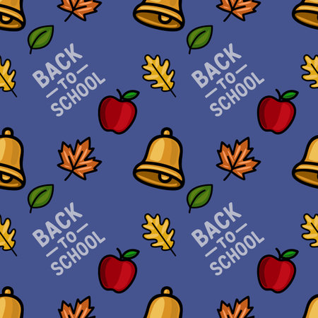 A vibrant vector seamless pattern celebrating Back to School, featuring golden bells, red apples, autumn leaves, and the playful "Back to School" text on a deep blue background.のイラスト素材