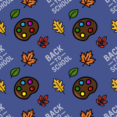 Seamless vector pattern featuring vibrant artist palettes, autumn leaves, and "Back to School" text, creating a cheerful and educational design perfect for fall-themed projects.のイラスト素材